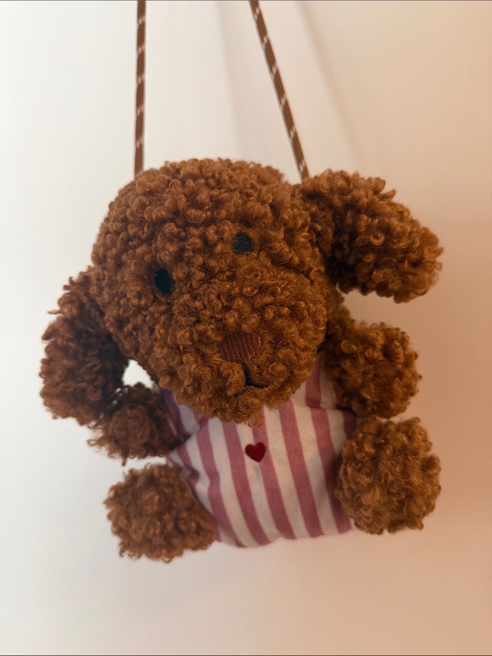 Zara Brown Plush Dog Crossbody Bag with Striped Pocket